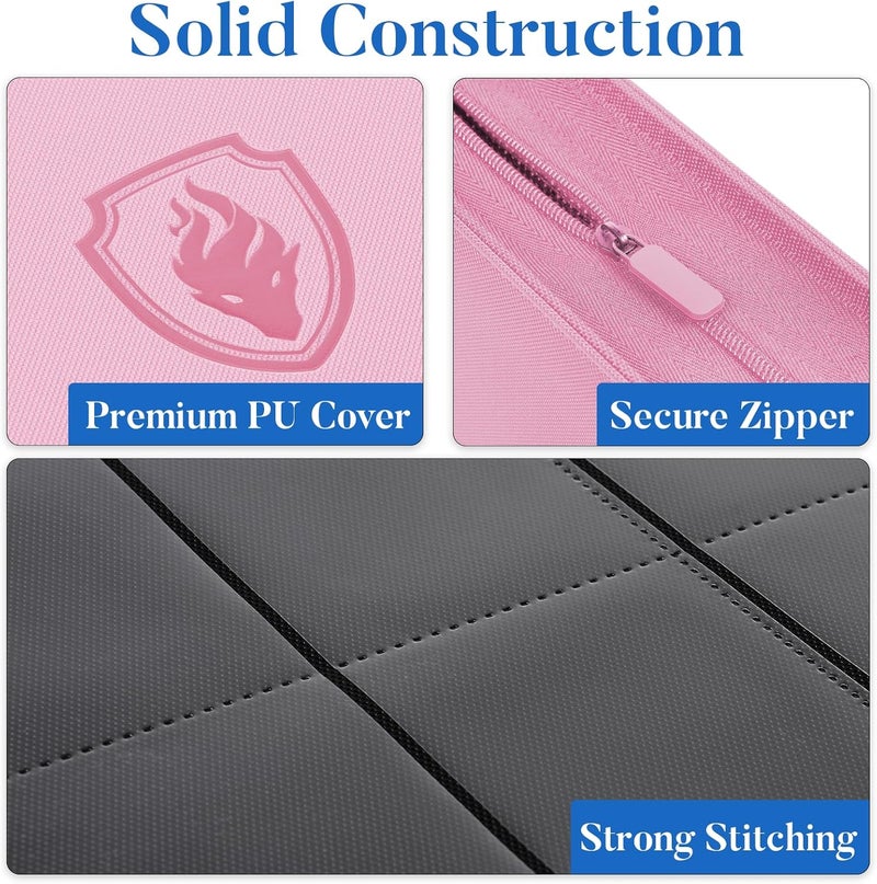 Fabmaker حافظة بطاقات متميزة بسحاب، حافظة بطاقات تجارية بـ 9 جيوب، ألبوم جمع بطاقات بغطاء PU بسحاب، حافظة بطاقات قوية بتحميل جانبي 360 للبطاقات الرياضية والألعاب، وردي - Image 2